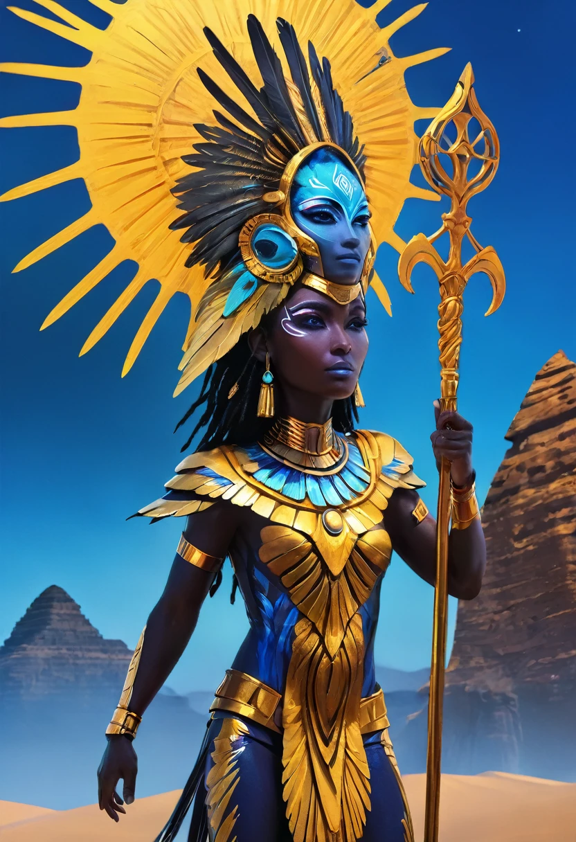 (a stunningly realistic, 8k high-resolution book cover for the dramatic science fiction novel, 'gods of the serengeti':1.3, 'feathered dawn: origins':1.3, a awe-inspiring human-avian bird deity with african genetic and phenotypic features and a regal presence, holding a futuristic ankh staff:1.2, feathered wings:1.5, donning high-tech, sci-fi armor adorned with intricate patterns, a fantastical landscape:1.4 with floating pyramids:1.3, vibrant skies, and distant mountains, natural and rich color palette, creating a mystical and epic atmosphere, 'terrance james':1.2, actual, 16k ultra hd, 3d rendered, unreal engine v5.2)