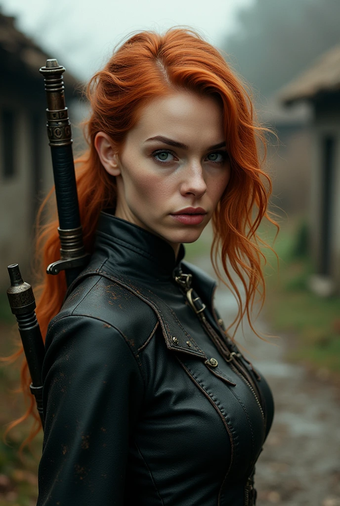 a one woman, 30years, redheadwear, gray eyes, arched eyebrow, he would be, faded wine bottle, detailed leather clothing, sword stuck in the back, village background.