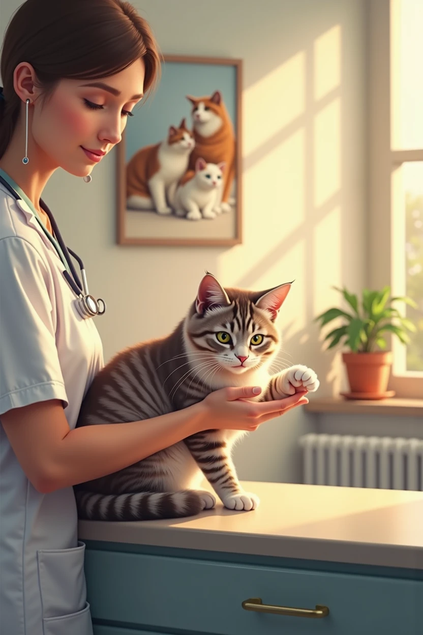 The cat is gently lifted by a caring veterinarian and placed on the examination table. Its paw is now wrapped in a clean bandage, and the wounds on its body have been treated. The background is a bright treatment room, with warm pet pictures on the walls, creating a peaceful and soothing atmosphere.
