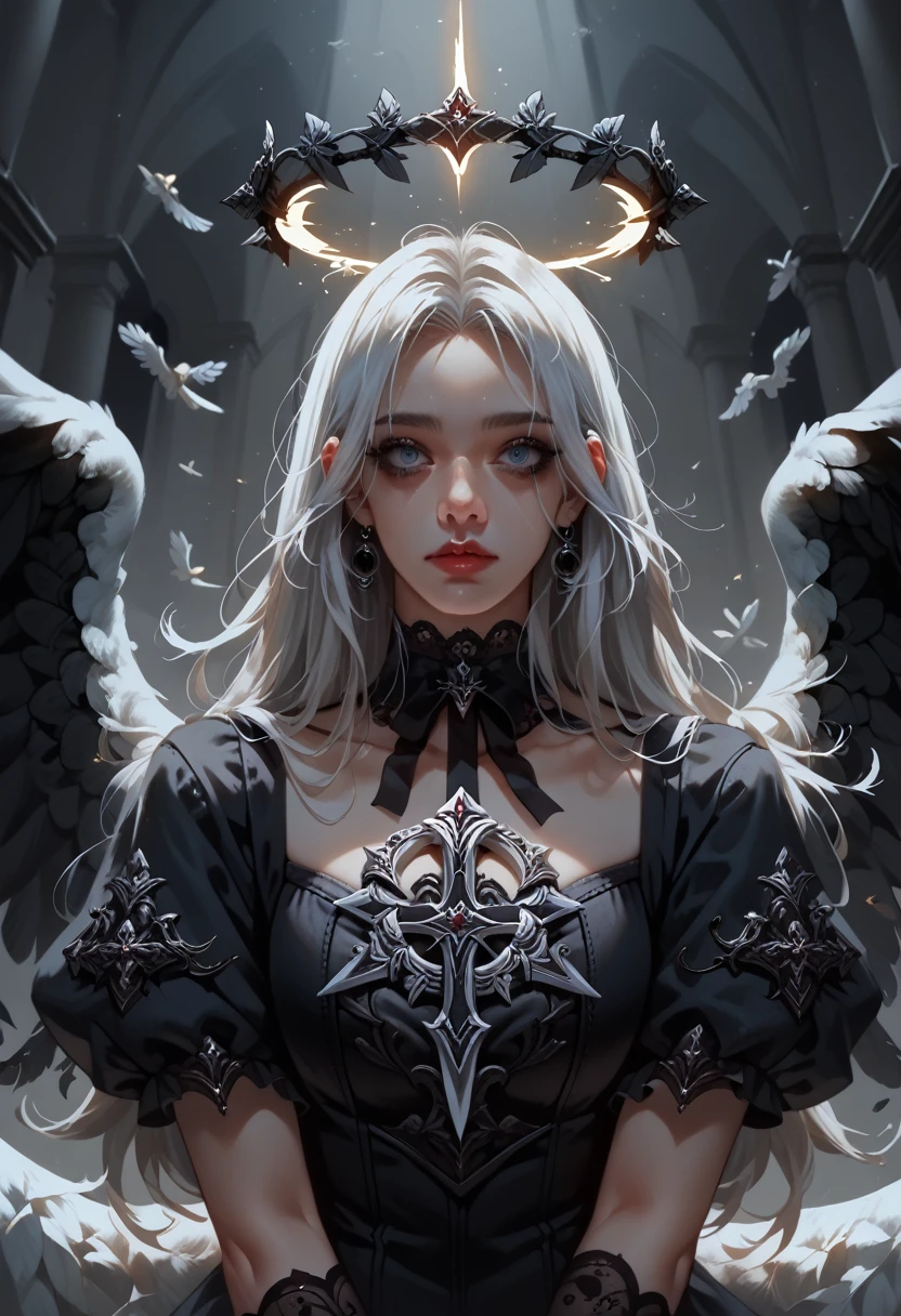 an image of a woman with white hair and black wings, Angel Knight Gothic Girl, angel with black wings, the angel of death, 由杨J, of beautiful angel, the angel of death with a halo, angel of death, dark Angel, of an beautiful angel girl, white haired deity, beautiful angel, girl angel knight, angelic, dark fantasy art