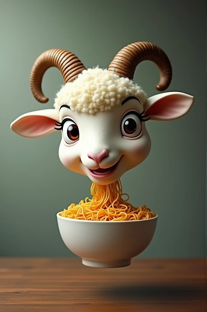 Floating lamb head eating ramen, looking to the side, With horns, winking