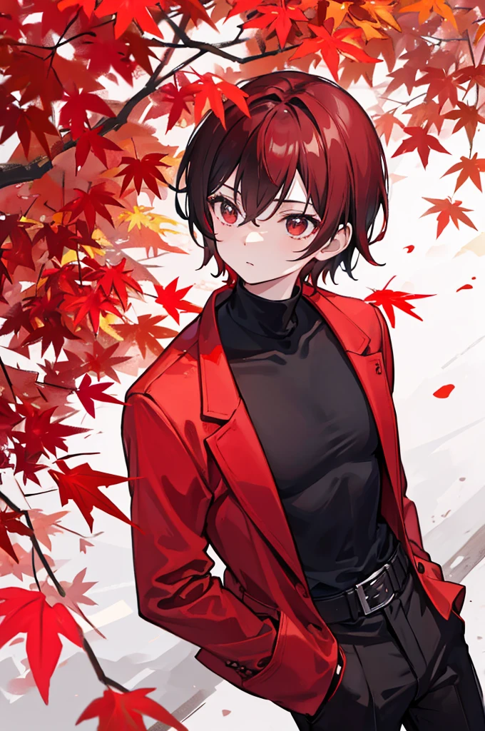 Looking up at the crimson maple tree、With red short hair、wearing a red suit jacket、Wearing a black turtleneck sweater and black long pants、youth、man