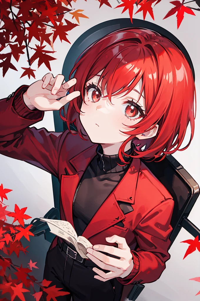 Looking up at the crimson maple tree、With red short hair、wearing a red suit jacket、Wearing a black turtleneck sweater and black long pants、youth、man