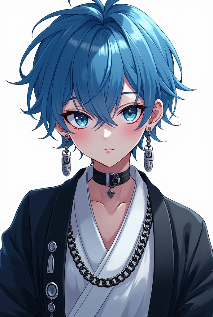 Anime boy, shota, chains attached to clothes, white and black kimono, blue hair, lots of earrings on his ears, facing forward, transparent background, cool personality but also a bit fluffy.