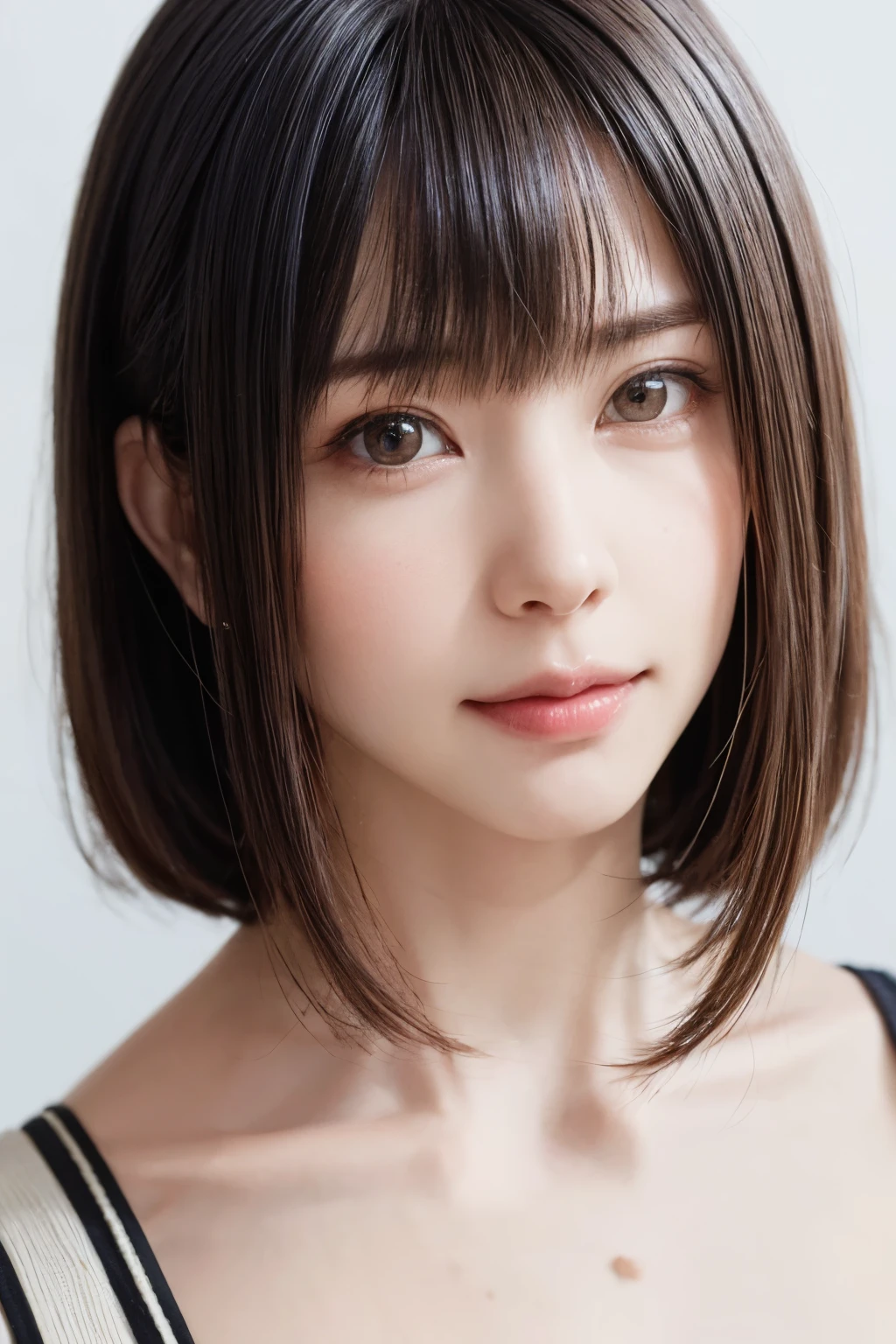 ((masterpiece, Highest quality, High resolution、Realisticですべてが美しく詳細に描かれている)), 1 person, (Realistic: 1.4), alone, White Background, snow-White Background, Mouth closed, smile, smile, Beautiful black hair, short hair, Big eyes, Transparent double eyelids, eyelash, Listen carefully, Long neck, 美しくLong neck, Absolute area, ((Face close-up)), (Draw the whole head, shoulder), 19 years old, Attractive proportions, Glowing Skin, Beautiful clavicle, Golden ratio face, Perfect Face, Teardrop-shaped mole, chestのほくろ, bangs, clean bangs, beautiful bangs, Lip gloss, Thin lips, Fair skin, naked, Big Breasts, {Huge|big|Hugeな|Mega} chest:2, chestの谷間:2,chestの谷間を見せる、Small face, Small face, All the heads are painted, shoulder all drawn, Point slightly above the camera