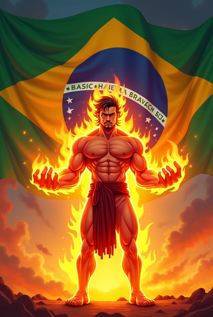 Create a fire master like a cartoon and the Brazilian flag in the background.