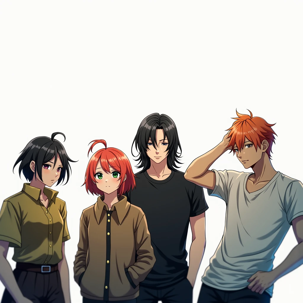 4 people. 1 girl with red short hair, braided in a small ponytail and green eyes, 2 girl with very short black hair and black eyes, 3 guy with long black hair in a black t-shirt and black pants with gray eyes, 4 guy with orange hair and blue eyes, Very beautiful, anime art, masterpiece, realistically