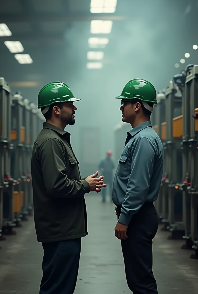 Safety officer with green helmet taking toolbox talk to the worker , company background with Smokey effect, coil compacting machine