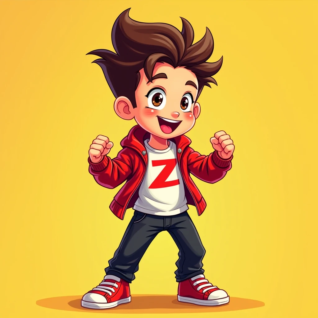 Comics style, solo, full body, young boy, brown spiky hair, brown eyes, excited expression, red jacket open, white T-shirt with red 'Z' on it, black pants, red sneakers, clenched fists, confident pose, facing forward, cartoon style, vibrant colors, thick lines