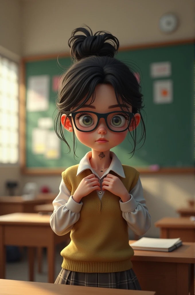 Nerd girl inside the classroom with a hickey on her neck