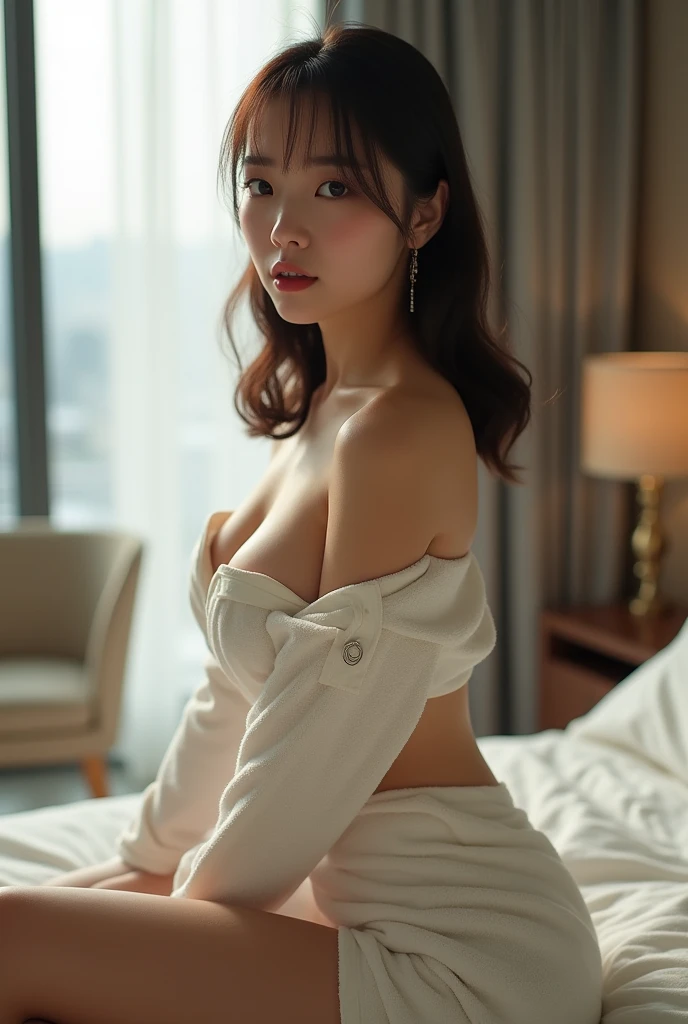20-year-old Chinese girl.
-style: Realistic photos, Realistic. - Body Type: Charm, Fat body, Sexy Legs, Sexy tights, arms, shoulder. - chest: (Mid-chest:1.2), (Showing cleavage:1.3), (Showing nipples:1.4), Facial Features: beautiful, nice, teenager, Fresh, young.
- Performance: shy, Pink blush on face, Sexy Eyes, Sexy look, Sexy smile, (sweating:1.4), Innocent look, Tipsy. - Hairstyle: Blunt bangs, Medium Straight Hair. clothing: (Just a towel:1.6), (Off the shoulder:1.3),. - Body poses: (Sexy pose:1.3). - Action: waiting, I want something, in secret.
-accessory: Earrings, Hair accessories are not permitted, Environment details:, - setting: Bedroom., - Lighting: Natural light., - Decoration: Modern bed, Chair, window, White Curtains, City view. Top View. throw, ultra-Realistic photos, Ultra-high resolution, Anatomically correct.