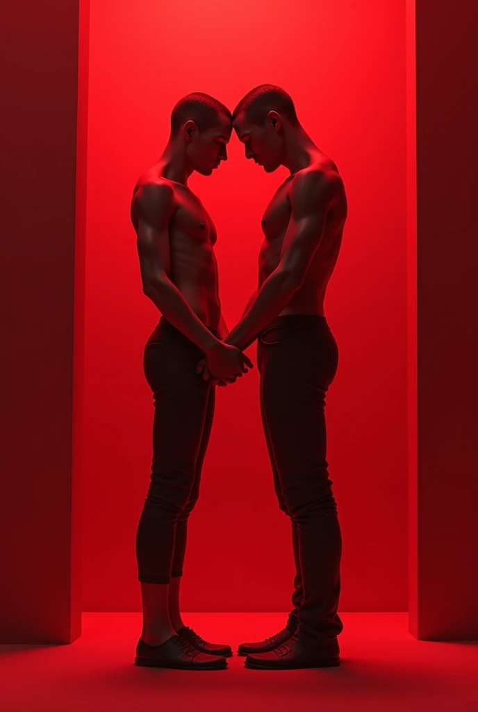 Two people holding hands with no face, 3d, red theme