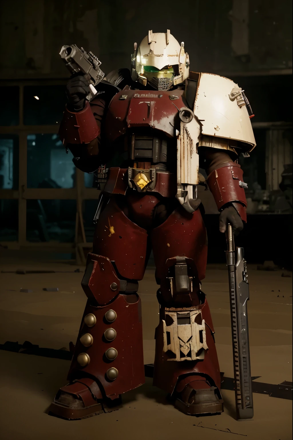 (Best quality, 8k, 32k, Masterpiece, UHD:1.2) "Transform the scene to depict the war-torn landscape of Armageddon from Warhammer 40,000. The setting should feature vast, desolate plains scarred by battle, with remnants of industrial structures and ruined hive cities. Include dark, ominous skies filled with ash and smoke, and scattered debris from previous conflicts. Populate the scene with Imperial Guard soldiers in tattered uniforms, engaged in a fierce battle against Ork hordes. Add elements of heavy machinery and war vehicles, like Leman Russ tanks, and ensure that the atmosphere conveys a sense of desperation and relentless warfare. The overall color palette should be grim and muted, reflecting the harsh realities of this iconic planet." This prompt captures the essence of Armageddon, focusing on its distinctive features and the overall mood of the Warhammer 40,000 universe.