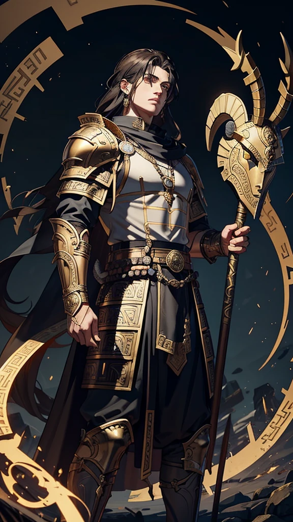 Hermes the thiefts protector the greek god in ancient times. Wearing is war armor  looks more middle eastern babylon 

armor black and gold with a ram head on left shoulder .he has his two snakes comin up staff.can his eyes be light brown like ambers and dark brown hair 