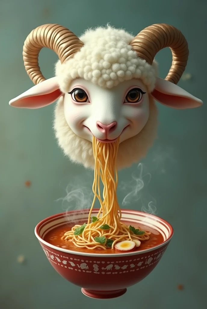 Floating lamb head eating ramen, looking to the side, With horns, winking