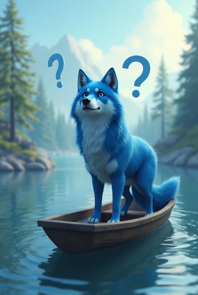 A blue wild wolf,Realistic and cute,Standing wolf,Riding a boat,Drifting on the lake,Lovely wind,Question marks fill the wolf's head,Lost direction