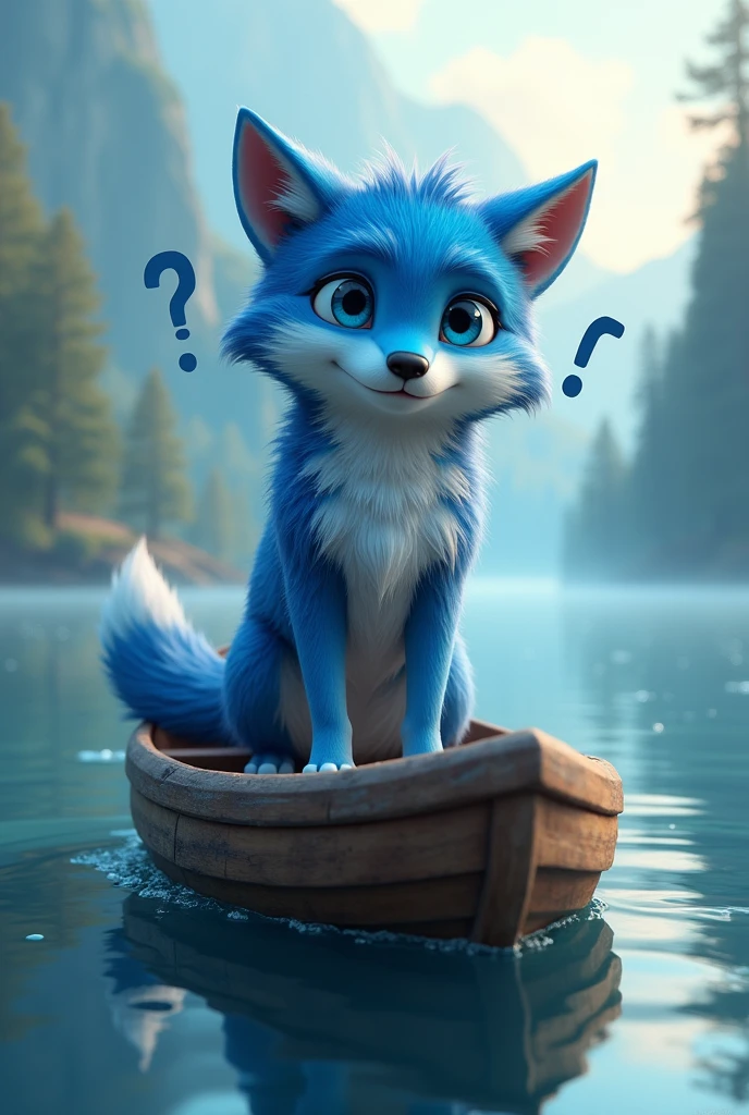 A blue wild wolf,Realistic and cute,Standing wolf,Riding a boat,Drifting on the lake,Lovely wind,Question marks fill the wolf's head,Lost direction