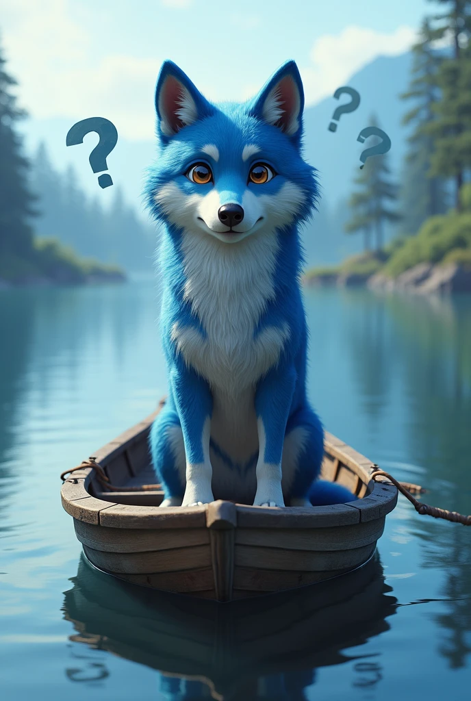 A blue wild wolf,Realistic and cute,Standing wolf,Riding a boat,Drifting on the lake,Lovely wind,Question marks fill the wolf's head,Lost direction