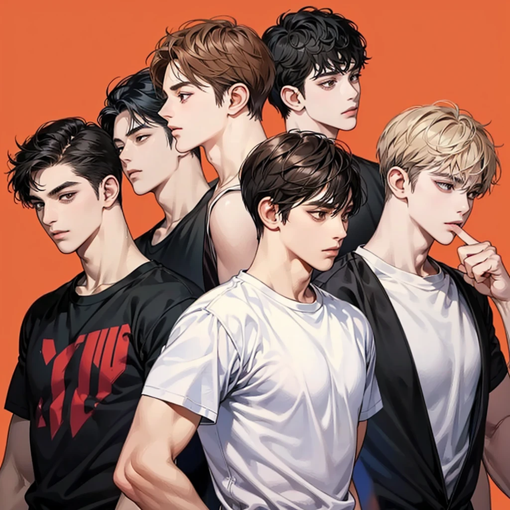 Four boys, black hair, brown eyes, simple background, high resolution, brown hair, stand in a line.., Wear a t-shirt, shut your mouth, handsome, cool, friend