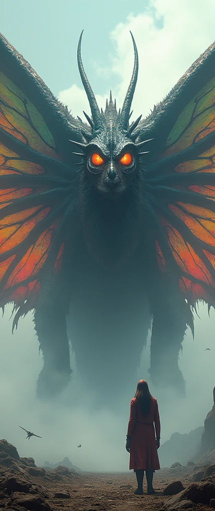 Haute résolution, meilleure qualité, monstre géant, un papillon de dinosaure géant, yeux lumineux, aux ailes multicolores.