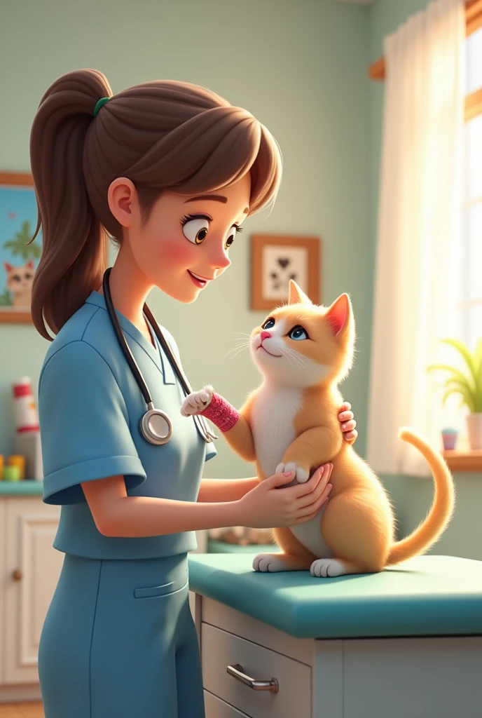 The cat is gently lifted by a caring veterinarian and placed on the examination table. Its paw is now wrapped in a clean bandage, and the wounds on its body have been treated. The background is a bright treatment room, with warm pet pictures on the walls, creating a peaceful and soothing atmosphere.