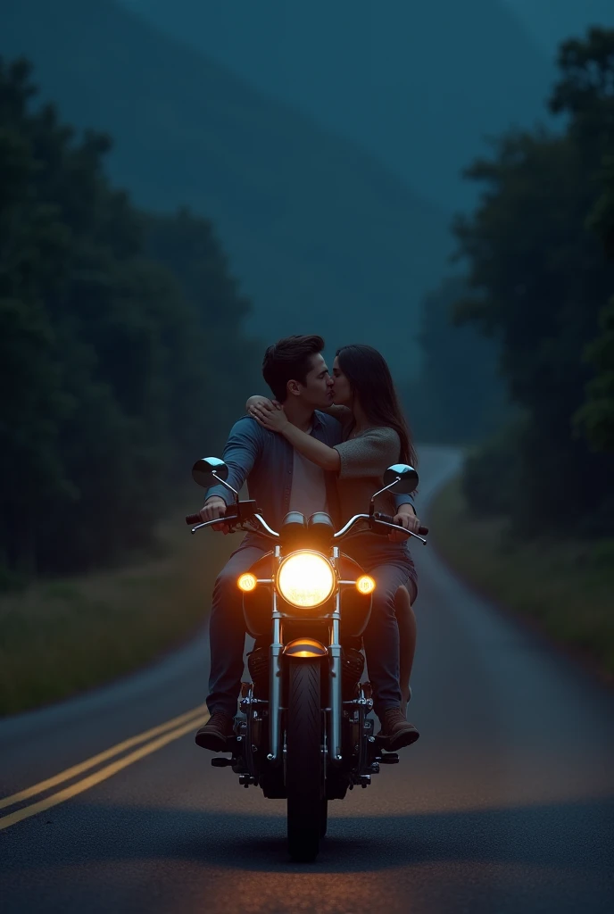 Man on a motorcycle and his girlfriend kissing his back, both happy on a night road
