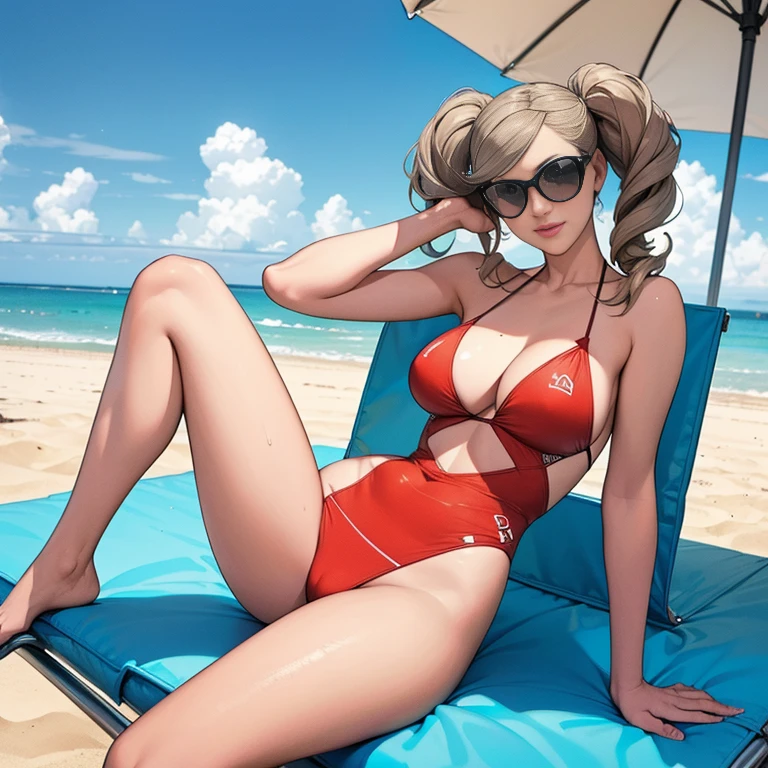 ((Master quality, 8K, masterpiece:1.3, ultra-detailed, high resolution, RAW Photos, detailed Realistic background, cinematic lighting)), Actual, Realistic, photo, HDR, BREAK, detailed eyes, perfect anatomy, perfect hands, BREAK, , One person alone, dsann(persona 5), beautiful , (Sitting on a Sun_lounger and posing sexy, spread legs), blonde twin pigtails hair, ( Round and Stacked Breasts ), , Cleavage, Slim waist, , smile:1.5, Sweat-soaked skin, wearing( Slingshot Swimsuit, ), Sunglasses on head, BREAK, ( Random Angle, full-body, ), dynamic angle, Beach_parasol, Beach cocktails on a round table, outdoor, beach