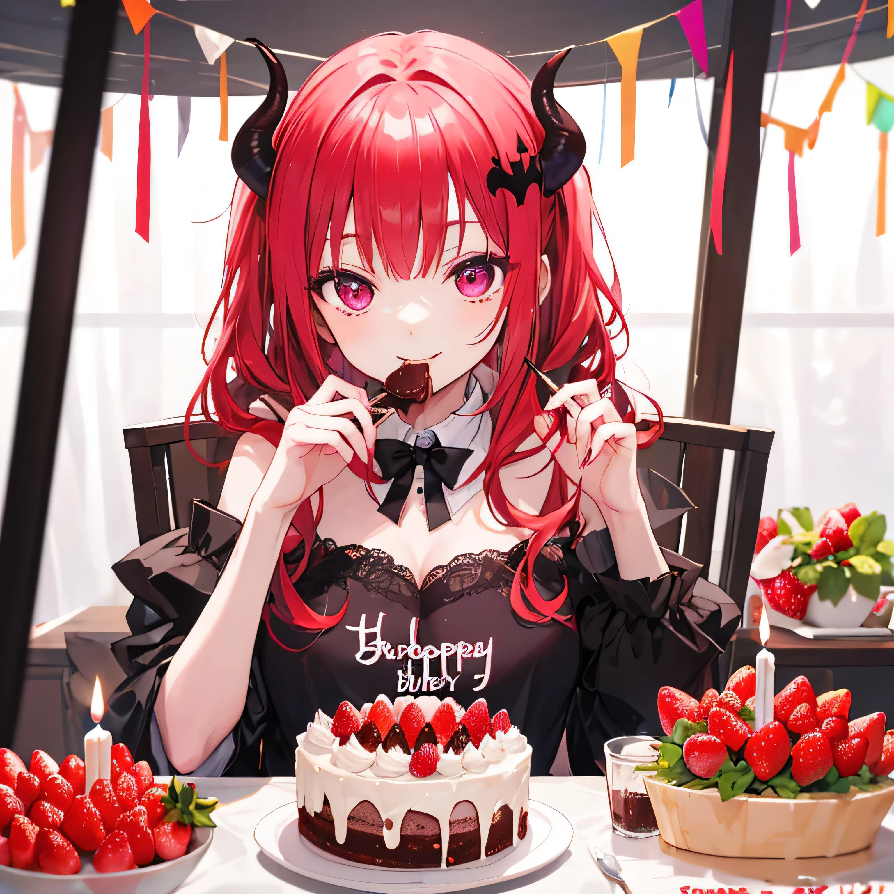 Beautiful birthday girl Satanichia McDowell with a sincere smile and dressed beautifully on her birthday a day like today August 15 eating a chocolate cake with strawberries red hair and magenta eyes