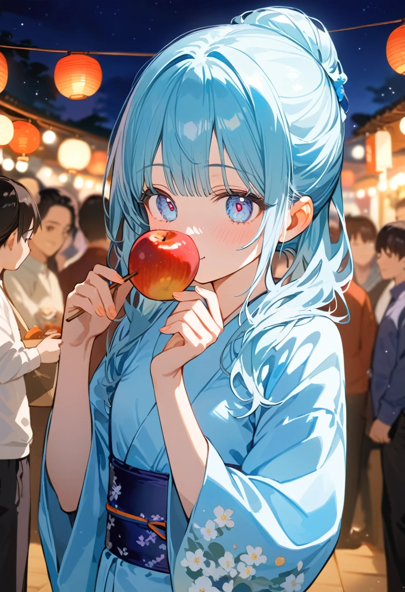 masterpiece, best quality, extremely detailed, (illustration, official art:1.1), 1 girl ,(((( light blue long hair)))), ,(((( light blue long hair)))),light blue hair, , long hair ((blush)) , cute face, big eyes, masterpiece, best quality,(((((a very delicate and beautiful girl))))),Amazing,beautiful detailed eyes,blunt bangs((((little delicate girl)))),tareme(true beautiful:1.2), sense of depth,dynamic angle,,,, affectionate smile, (true beautiful:1.2),,(tiny 1girl model:1.2),)(flat chest) 、cute girl, yukata, watercolor, clear, anime style illustration, cute illustration, beautiful detail, fain touch outline, cute girl is eating a apple candy,  delicious looking, japanese festival, night, cute illustration, best quality, top quality, masterpiece, ultra detailed, beautiful detail,hair bun and hair ornament
