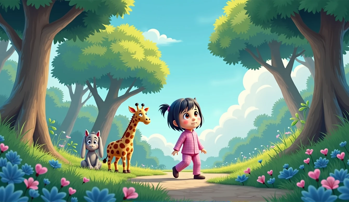 A sad cartoon bunny sits under a tree, A plush giraffe toy and a small cartoon girl in pink pajamas are looking at him.