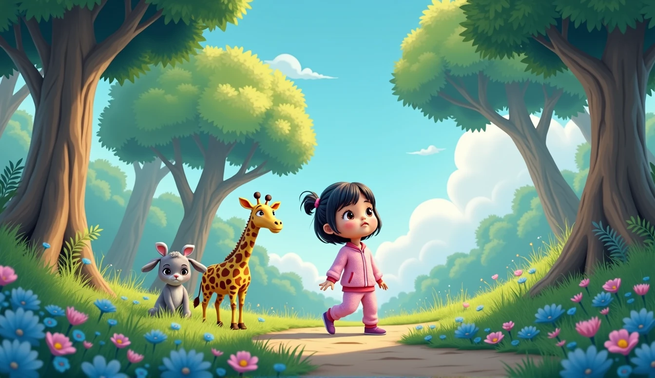 A sad cartoon bunny sits under a tree, A plush giraffe toy and a small cartoon girl in pink pajamas are looking at him.