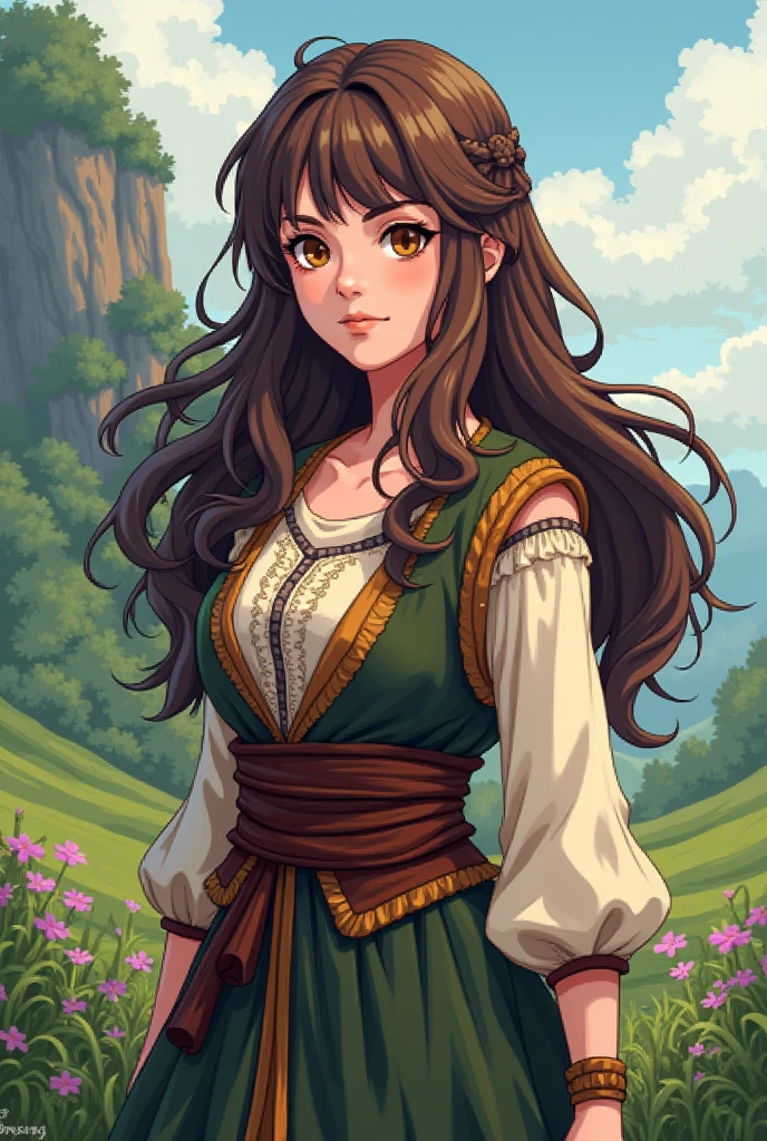 -Female
-Long brown hair with bangs
-Wearing peasant clothing
-Art style: Pixel art in the style of the game Fields of Mistiria