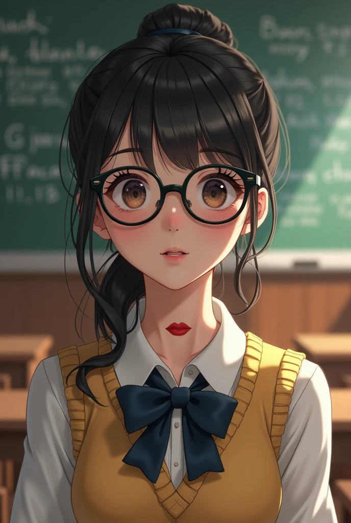 Nerd style girl inside classroom with a kiss mark on her neck 
