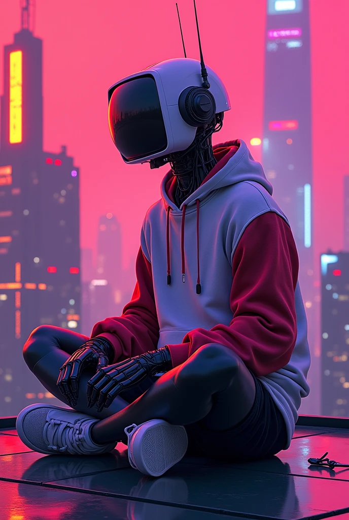 Creates a calm, dark portrait in a comic book style. The scene shows a humanoid robot, bathed in a saturated pink light, sitting on a roof of a futuristic city that can be seen in the background. His outfit is a white sweatshirt with red sleeves, black shorts, and Jordan-style sneakers. He is wearing a television helmet in a cave, his body is like that of a young man, painted purple, the background is dark and the buildings are futuristic with neon lights, alternating colors, oranges, reds, pinks, purples and blues. These colors intensify the environment, causing a feeling of tranquility. adding a subtle cyberpunk style and strong shading giving depth to the scene. The Angle is shown from the bottom up, giving a feeling of grandeur.