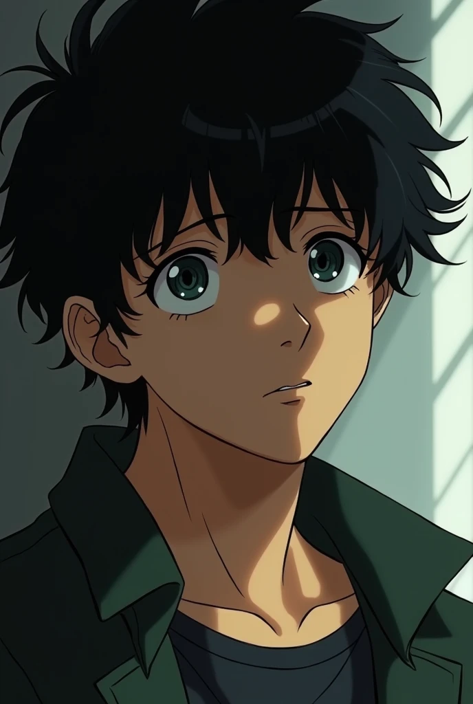 man, Curly black hair, about one inch long, reaching past the ears, Honey-colored skin, Anime style like Evangelion, Introvert, Dark circles under the eyes
