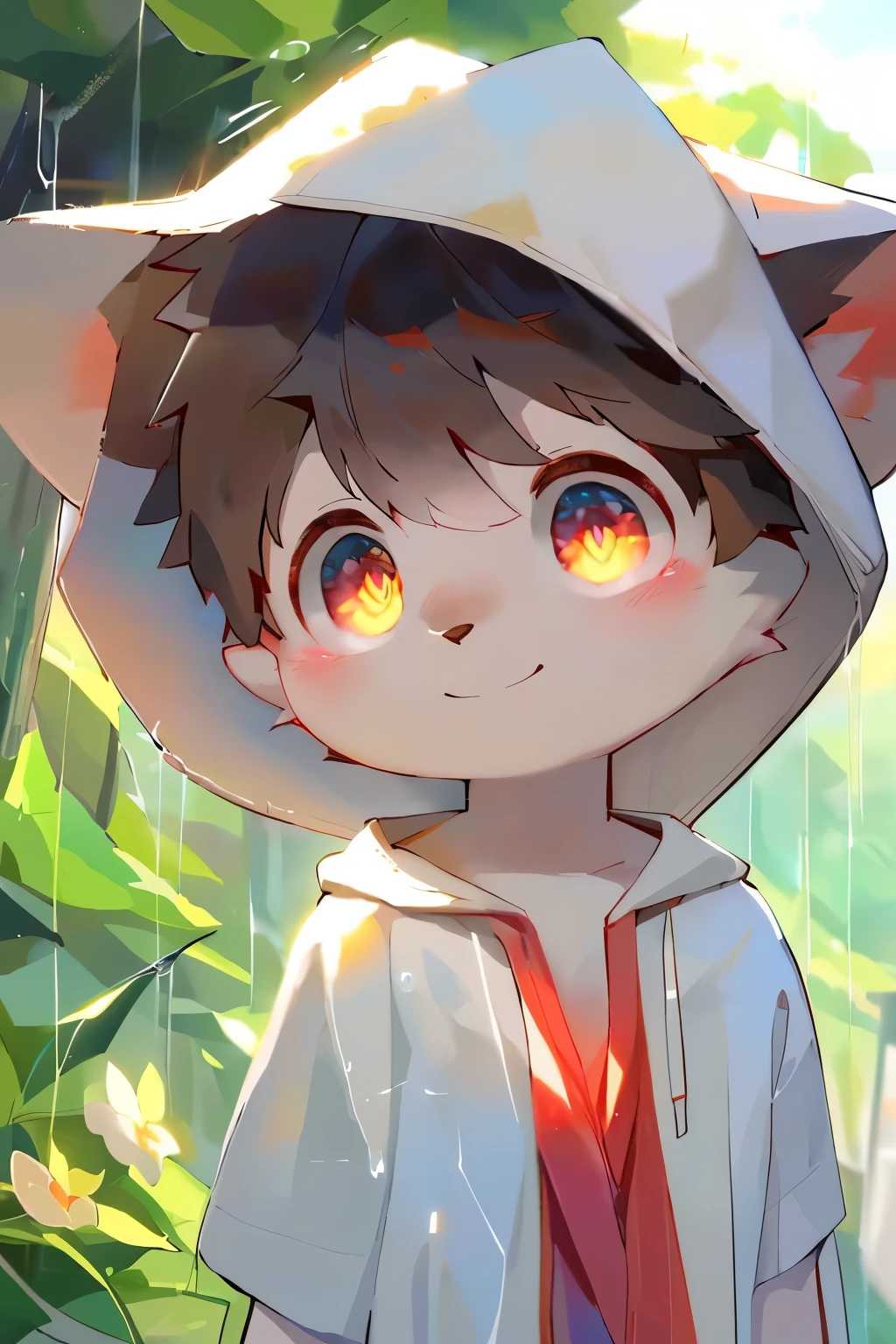 masterpiece, best quality, Perfect anatomical structure, Bright Eyes, Big watery eyes,幼儿园Boys, 吉祥物Boys, 身高较矮的Boys, best quality, high resolution, Extremely detailed,Reality advice, , (wearing nude color, loose, semi-transparent hooded raincoat), rain, rain鞋,permanent,Smile, External, close up,((Boys,Shota)),Boys