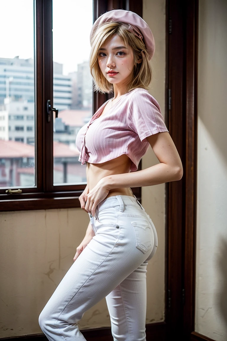 (1 woman), (Top Quality at its finest:1.4) (ultra detailed), (extremely detailed CG unified 16k), a beautiful woman with perfect figure: 1.4, sharp focus: 1.2, Very detailed, High definition RAW color photography, Professional photo session, Amazing face and eyes, Cosmetic products, (incredibly beautiful girl), ((From Lambda)), ((pink and white denim pants, pink and white striped shirt, pink hat, bare abdomen)), standing, sexy posture，(Stylish cityscape, day light), (look from below), realistic cinematic face, Full length, wide remote view., full body long view, photorealistic, ((realistic natural golden blonde hair style, Red eyes, short hair)), gorgeous, extremely beautiful face, perfect model beauty, pout mouth, Very detailed face and skin texture., detailed eyes, double eyelids, big breasts, smile, western film, (masterpiece), Best Quality, High resolution, extremely detailed, blurred background, depth of field, cinematic lighting, amazing legs, High heels, Clear and well-groomed skin, athletic, looking at the viewer, from side, (perfect ass, round ass)