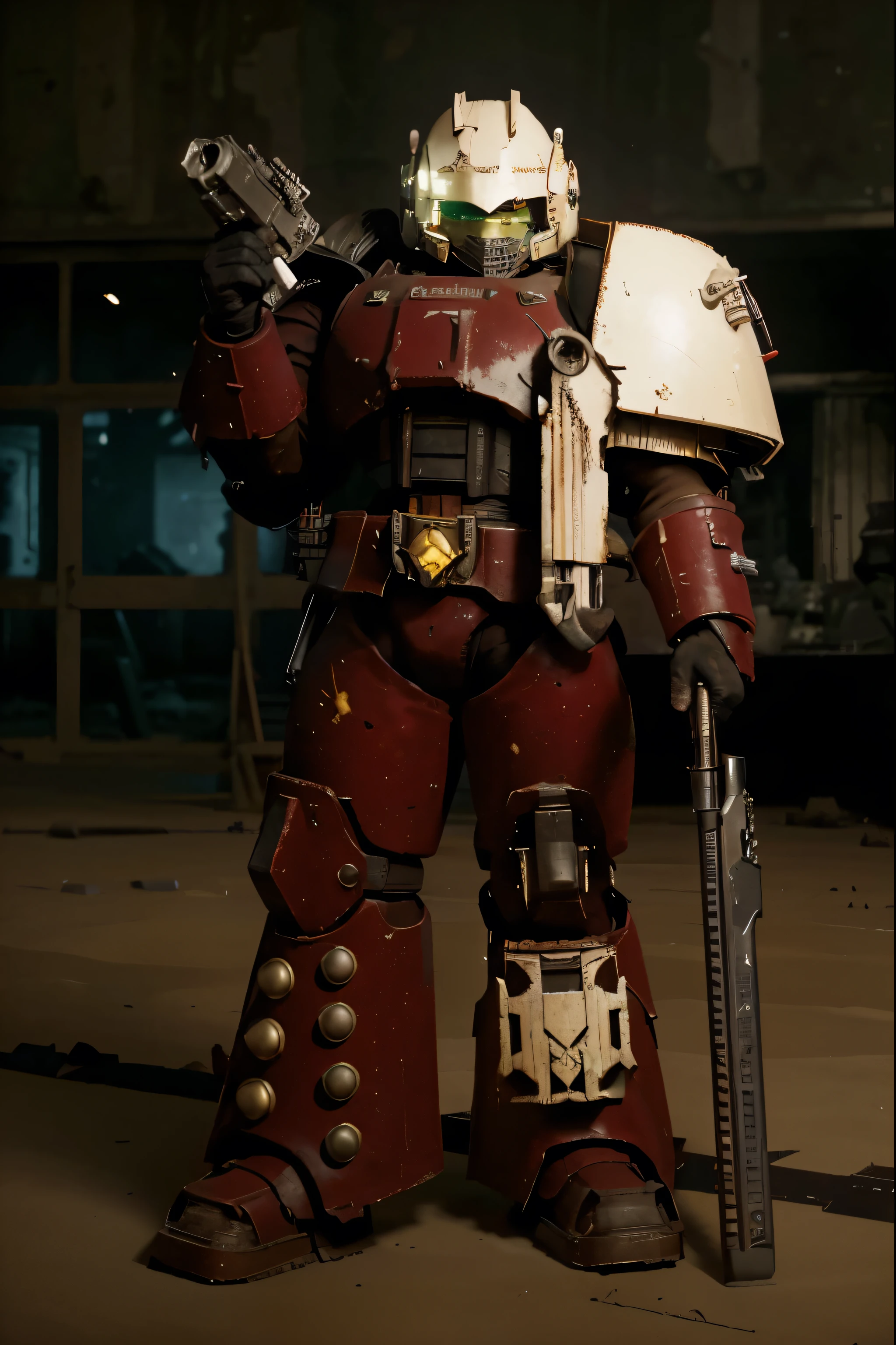 (Best quality, 8k, 32k, Masterpiece, UHD:1.2) "Transform the scene to depict the war-torn landscape of Armageddon from Warhammer 40,000. The setting should feature vast, desolate plains scarred by battle, with remnants of industrial structures and ruined hive cities. Include dark, ominous skies filled with ash and smoke, and scattered debris from previous conflicts. Populate the scene with Imperial Guard soldiers in tattered uniforms, engaged in a fierce battle against Ork hordes. Add elements of heavy machinery and war vehicles, like Leman Russ tanks, and ensure that the atmosphere conveys a sense of desperation and relentless warfare. The overall color palette should be grim and muted, reflecting the harsh realities of this iconic planet." This prompt captures the essence of Armageddon, focusing on its distinctive features and the overall mood of the Warhammer 40,000 universe.