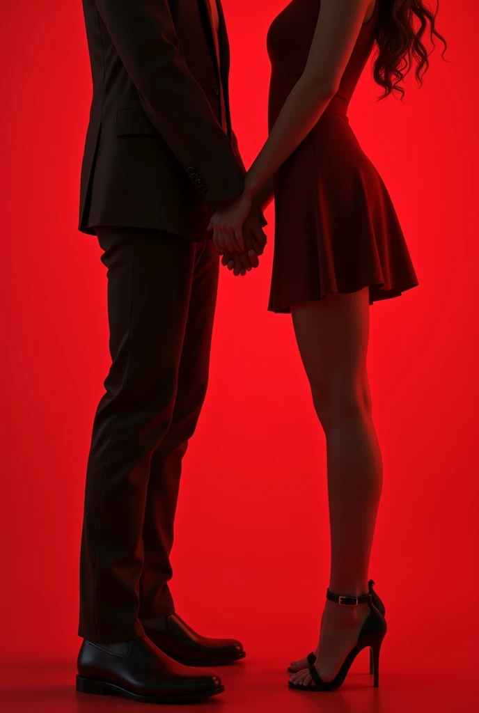 Two people holding hands, lower body only, 3d, red theme