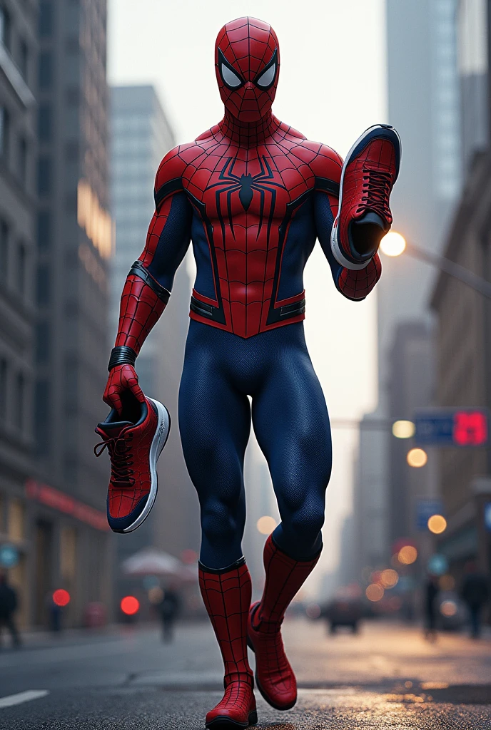 Spiderman holding shoes