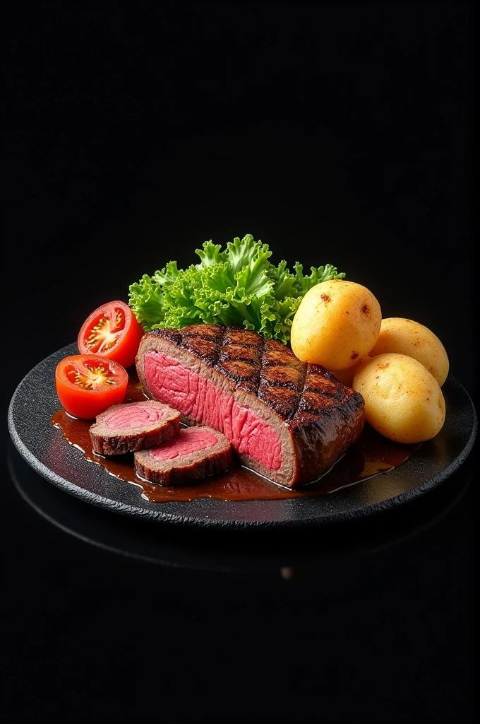 there is a delicious tenderloin steak and baked potatoes served on a hot black plate with slices of baked tomatoes and some green lettuce vegetables, family ,illustration, isolated with solid black background, surrounded with negative space, centered compositon, 8k, highest detailed painting,