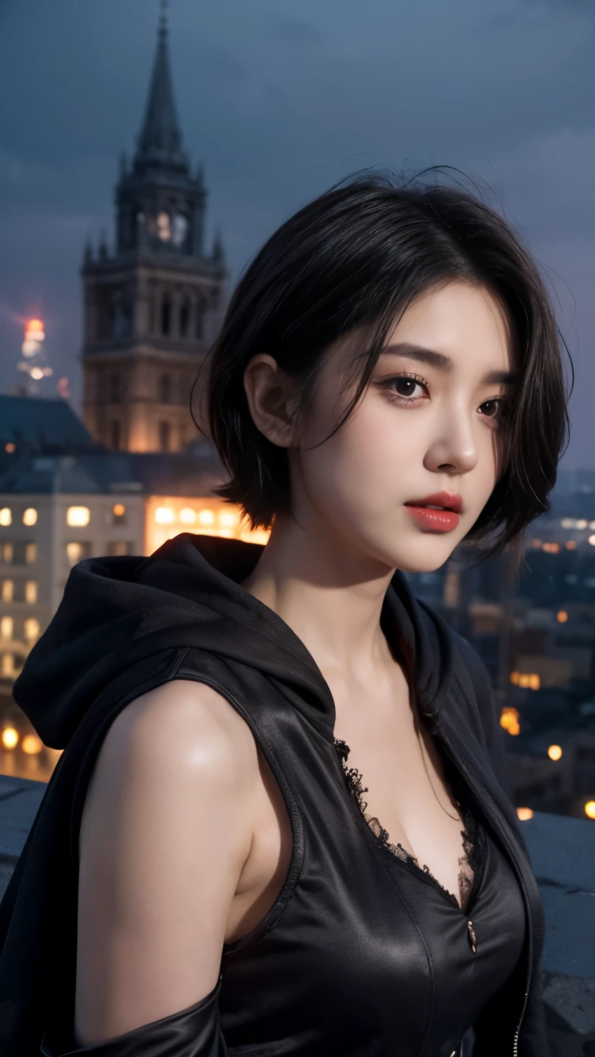 21yo girl with short dark hair and a tattered grey cloak. cleavage, she stands on top of a building in a gothic fantasy city. the sky has a red glow and ash is falling