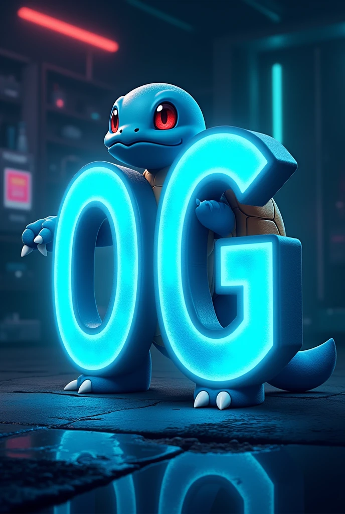 Gaming Logo with the name OG in turquoise neon blue with a Schiggy Pokemon as the background