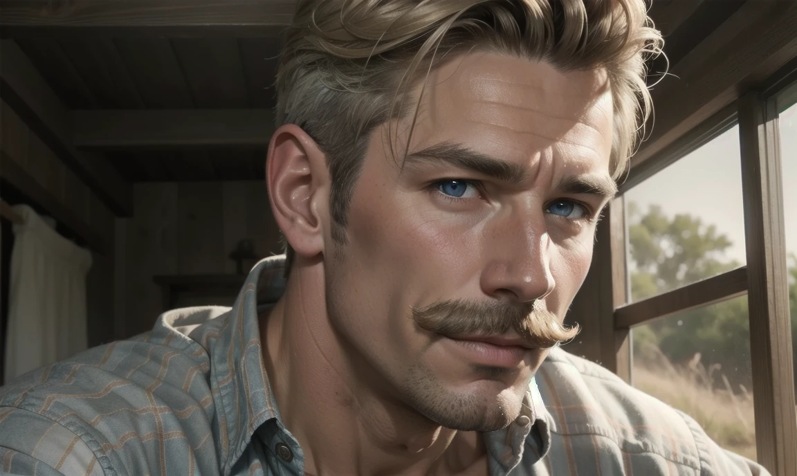 [((highly detailed, detailed eyes, detailed face, clear and realistic facial features, photorealistic, realistic light, cinematic)), ((((1 man)))), Mark is a handsome and alluring slender but muscular male farmer father aged 45 with short blond hair and a neat moustache and blue eyes and weathered skin, (((wearing a flannelette shirt))), ((((simple moustache)))), ((sexy southern gay daddy farmer)), ((greying dark-blond hair)), (((weathered mature face))), (((Mark has a seductive smirking look on his face and a slight blush on his cheeks))), There is a charming yet dry southern farm in the background, ((expression of strong attraction))]