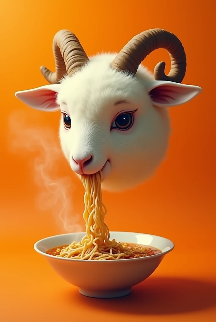 Floating lamb head eating ramen, looking to the side, With horns, winking, on an orange background