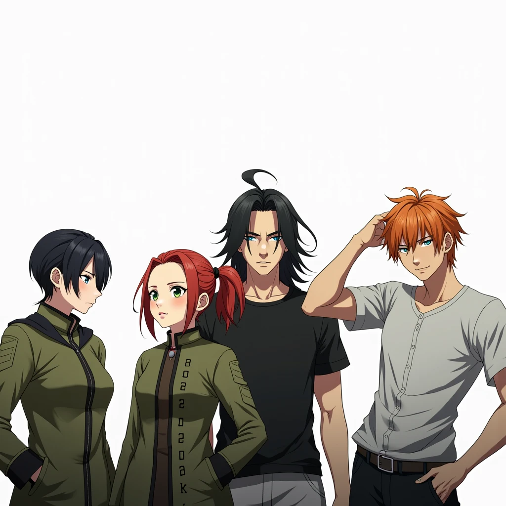 4 people. 1 girl with red short hair, braided in a small ponytail and green eyes, 2 girl with very short black hair and black eyes, 3 guy with long black hair in a black t-shirt and black pants with gray eyes, 4 guy with orange hair and blue eyes, Very beautiful, anime art, masterpiece, realistically
