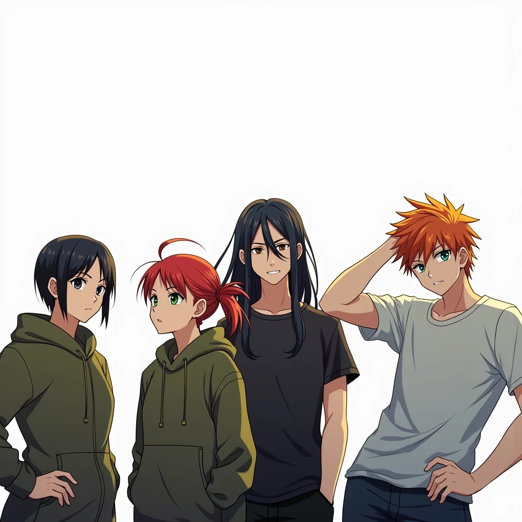 4 people. 1 girl with red short hair, braided in a small ponytail and green eyes, 2 girl with very short black hair and black eyes, 3 guy with long black hair in a black t-shirt and black pants with gray eyes, 4 guy with orange hair and blue eyes, Very beautiful, anime art, masterpiece, realistically