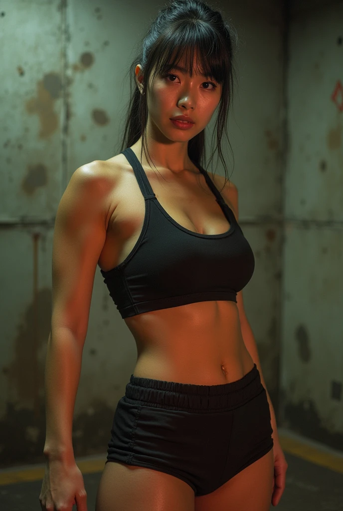 analog film photo, photo of a street fighter, female, amber eyes, ponytail with shaggy bangs, tan complexion, Japanese ethnicity, beautiful face, natural beauty, sharp facial features, Amazonian stature, toned hourglass figure, muscular, busty bosom, full wide hips, plump round buttocks, wearing an athletic top and spandex shorts, posing in an underground fight club, sweaty skin, damp clothes, RAW Photograph, dslr, soft lighting, high quality, film grain, Fujifilm XT3, detailed skin with visible pores, insane details, masterpiece, 8k, 35mm photograph, dslr, kodachrome, faded film, desaturated, grainy, vintage, Lomography, stained, highly detailed, found footage, full-body shot