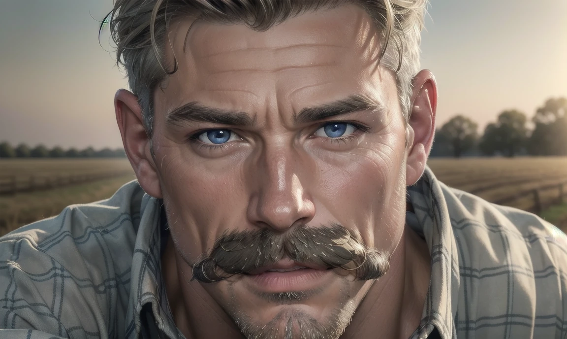 [((highly detailed, detailed eyes, detailed face, clear and realistic facial features, photorealistic, realistic light, cinematic)), ((((1 man)))), Mark is a handsome and alluring slender but muscular male farmer father aged 45 with short blond hair and a neat moustache and blue eyes and weathered skin, (((wearing a flannelette shirt))), ((((simple moustache)))), ((sexy southern gay daddy farmer)), ((greying dark-blond hair)), (((weathered mature face))), (((Mark has a seductive smirking look on his face and a slight blush on his cheeks))), There is a charming yet dry southern farm in the background, ((expression of strong attraction))]