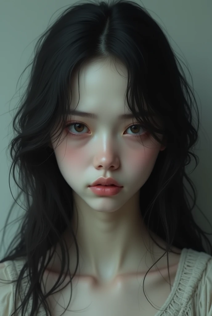 Female with black hair, sad eyes and white skin